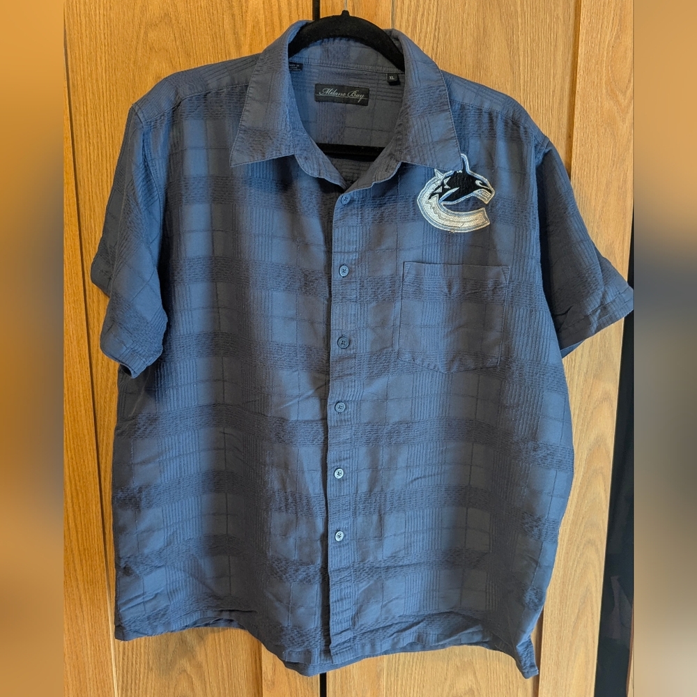 Men's Blue Canuck Logo Checkered Casual Button Down Shirt